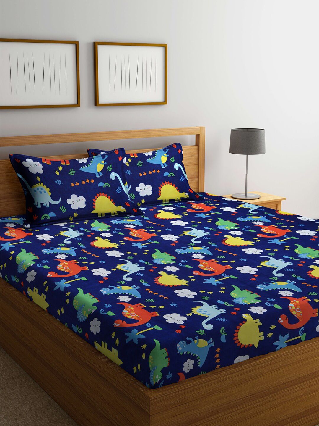 KLOTTHE Kids Blue Print 300 TC Cotton Blend Double King Bed Sheet with 2 Pillow Covers