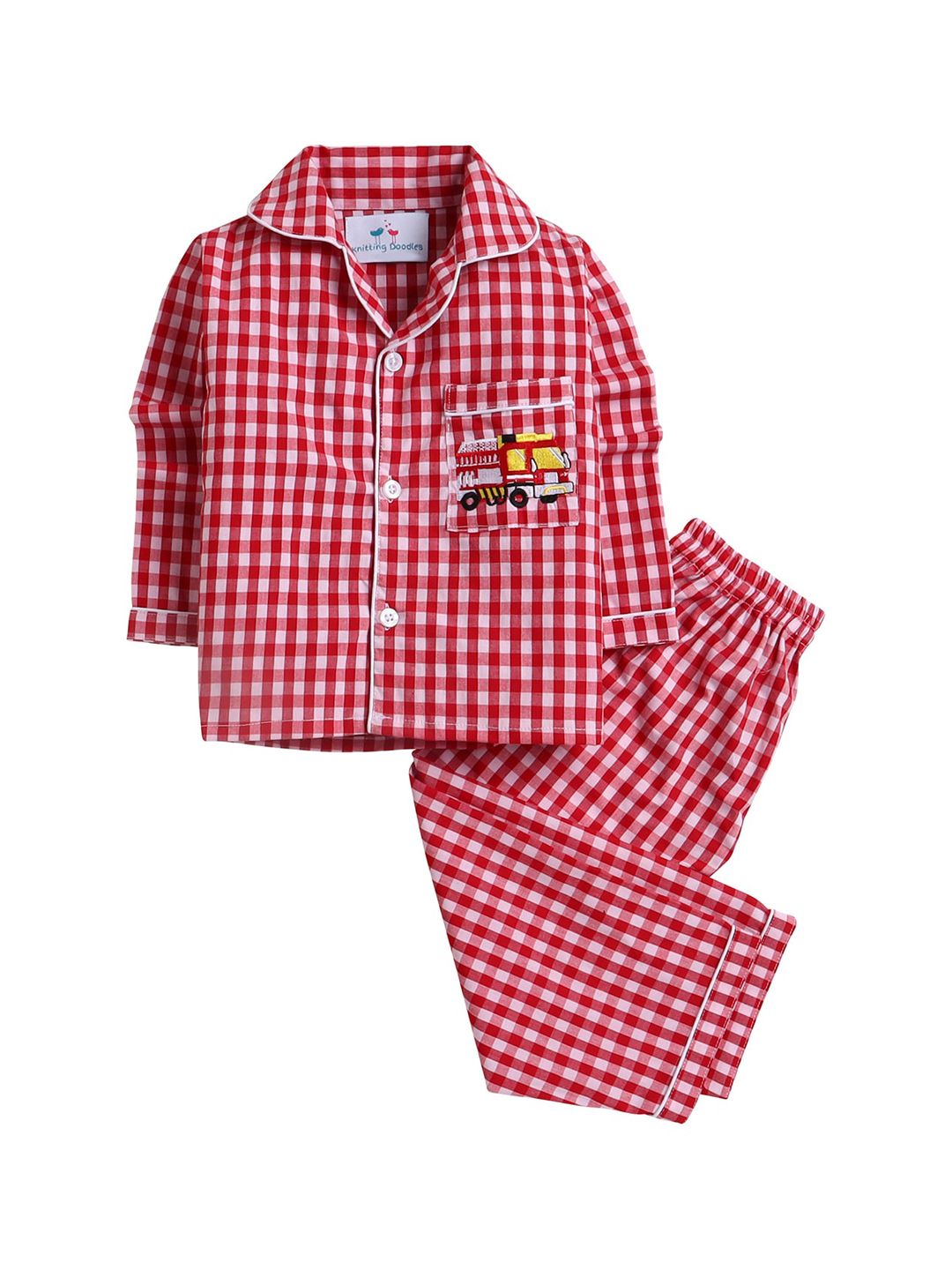 Knitting Doodles Unisex Kids Red & Off White Checked Night suit-picture-16