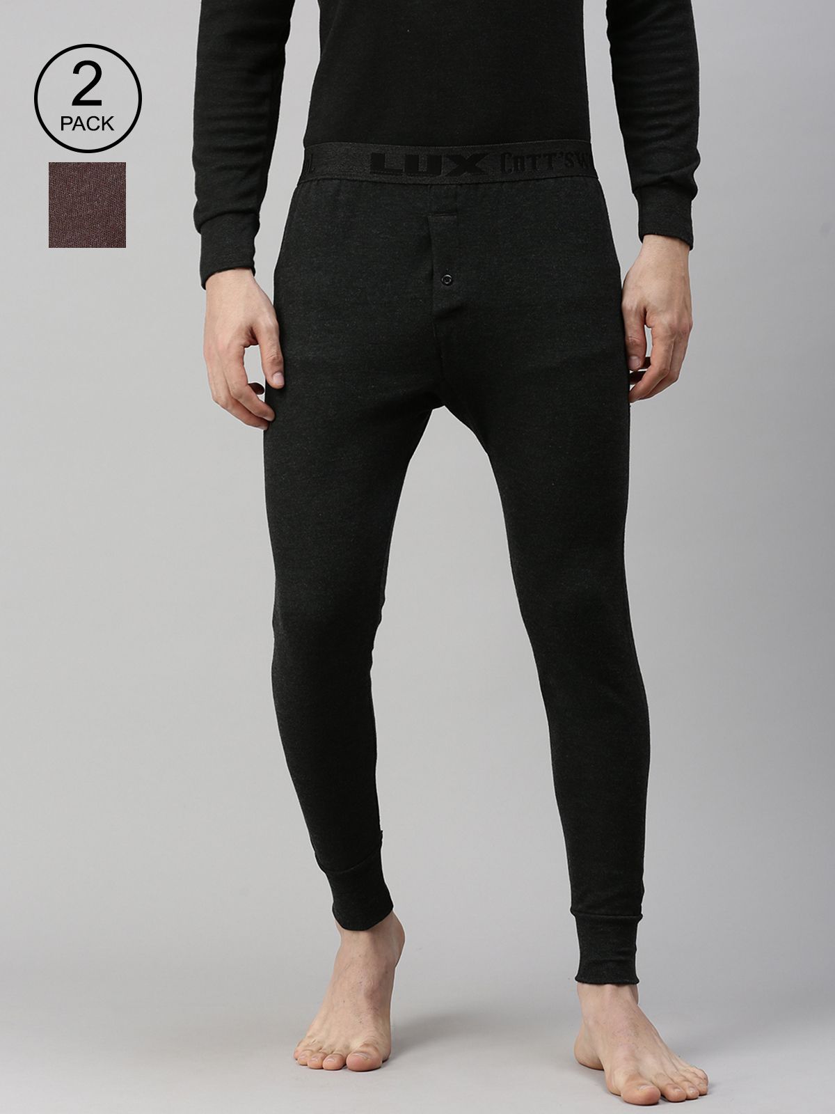 Lux Cottswool Men Pack Of 2 Black & Brown Solid Cotton Thermal Bottoms-picture-36