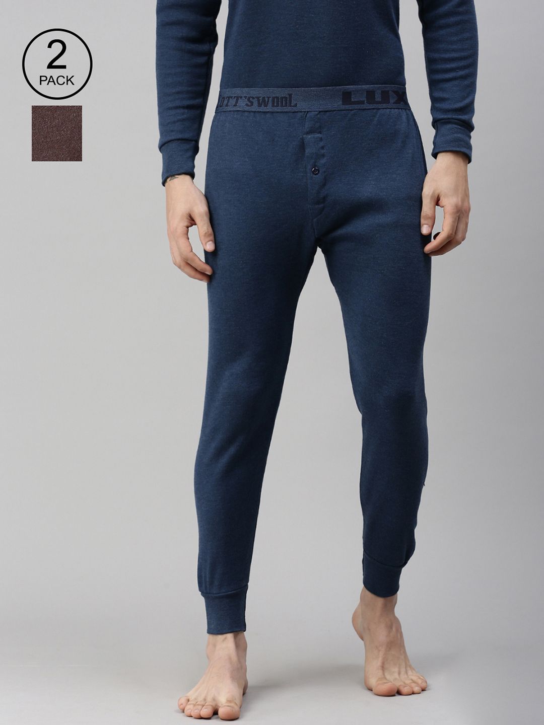Lux Cottswool Men Pack Of 2 Brown & Blue Solid Cotton Thermal Bottoms-picture-54