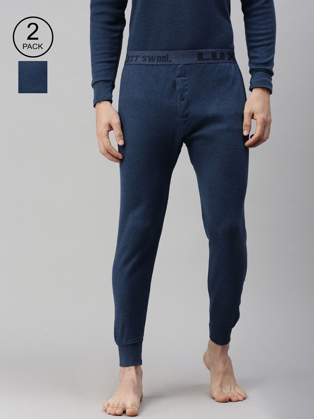 Lux Cottswool Men Pack Of 2 Blue Solid Cotton Thermal Bottoms-picture-33
