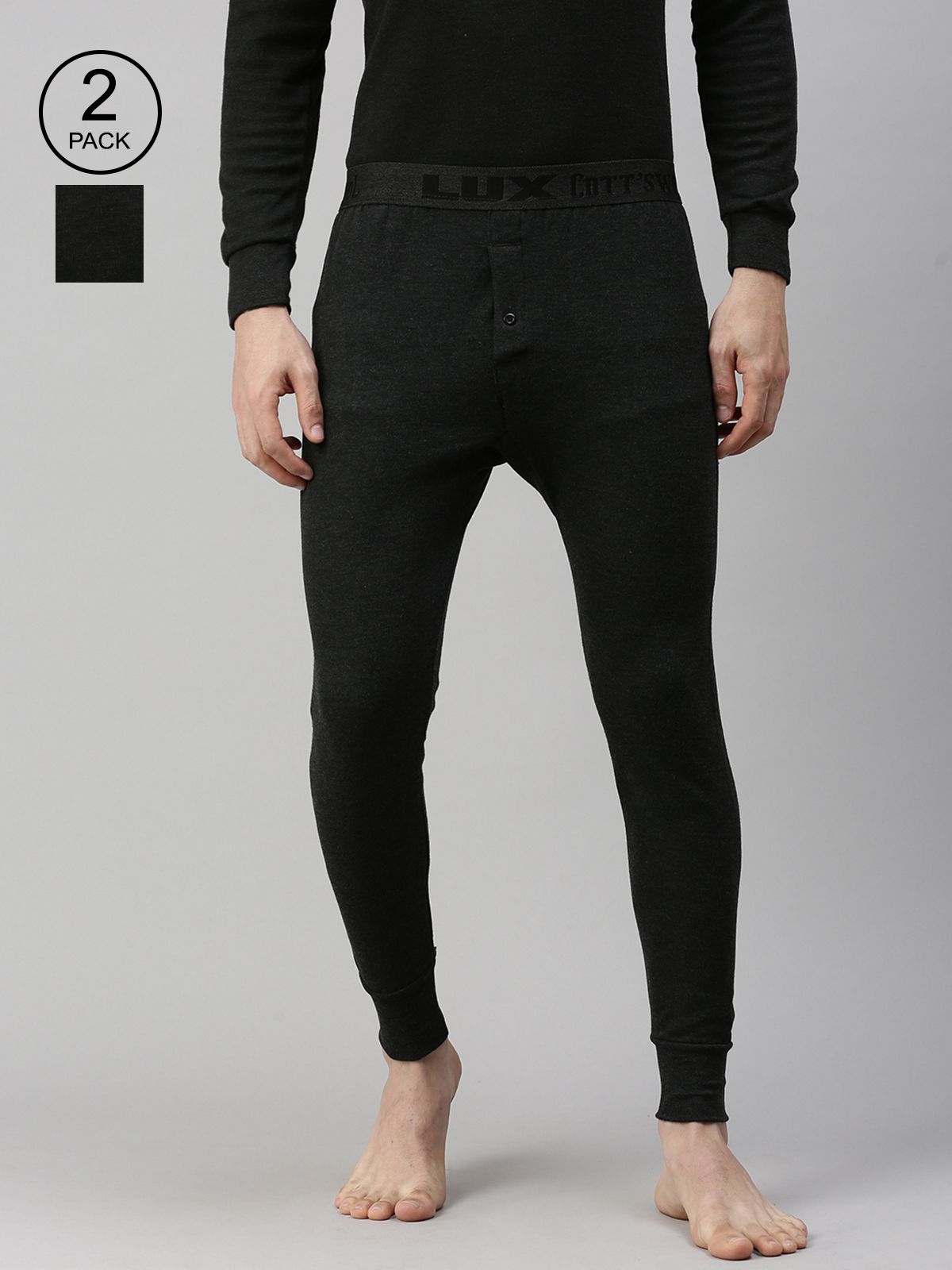Lux Cottswool Men Pack Of 2 Black Solid Cotton Thermal Bottoms-picture-38