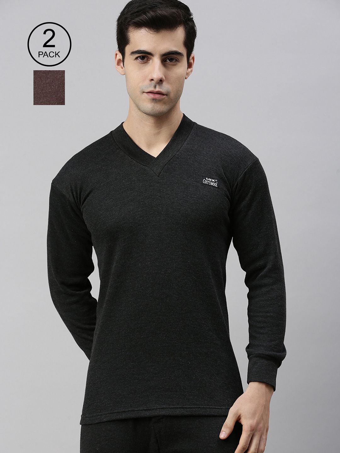 Lux Cottswool Men Pack Of 2 Charcoal & Brown Solid Cotton Thermal Tops-picture-33