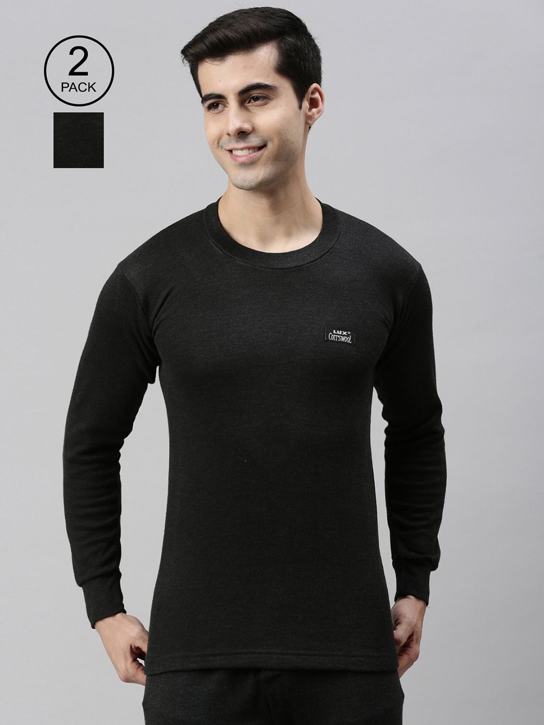 Lux Cottswool Men Pack Of 2 Charcoal Solid Thermal Tops-picture-20