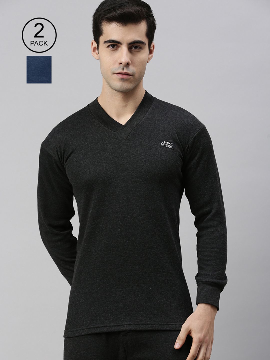 Lux Cottswool Men Pack Of 2 Black & Blue Solid Cotton Thermal Tops-picture-34