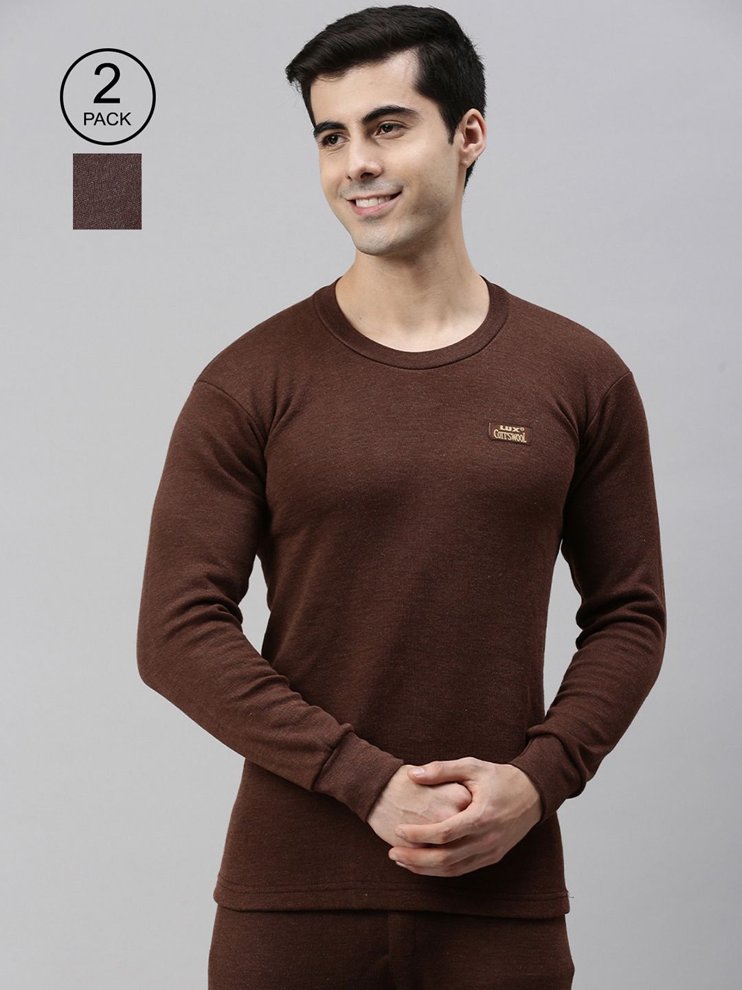 Lux Cottswool Men Pack of 2 Brown Solid Thermal Tops-picture-19