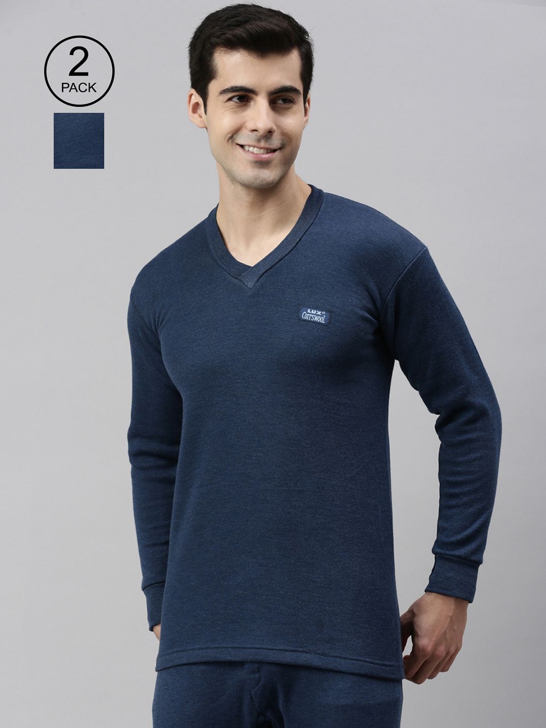 Lux Cottswool Men Pack Of 2 Blue Solid Cotton Thermal Tops-picture-30