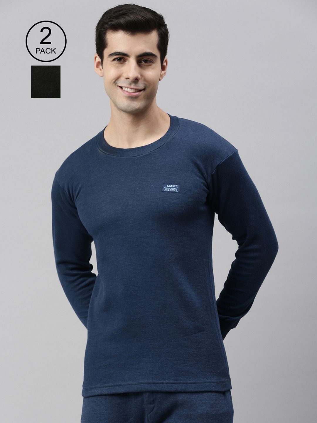 Lux Cottswool Men Pack Of 2 Black & Blue Solid Cotton Thermal Tops-picture-38