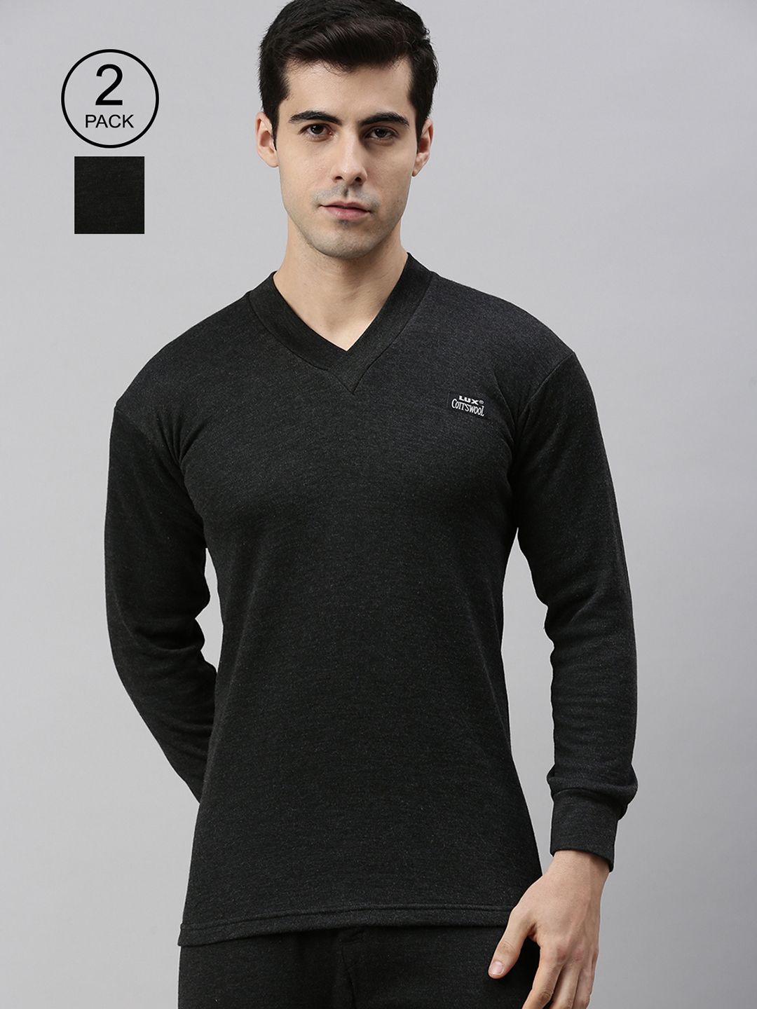 Lux Cottswool Men Pack Of 2 Black Solid Cotton Thermal Tops-picture-32