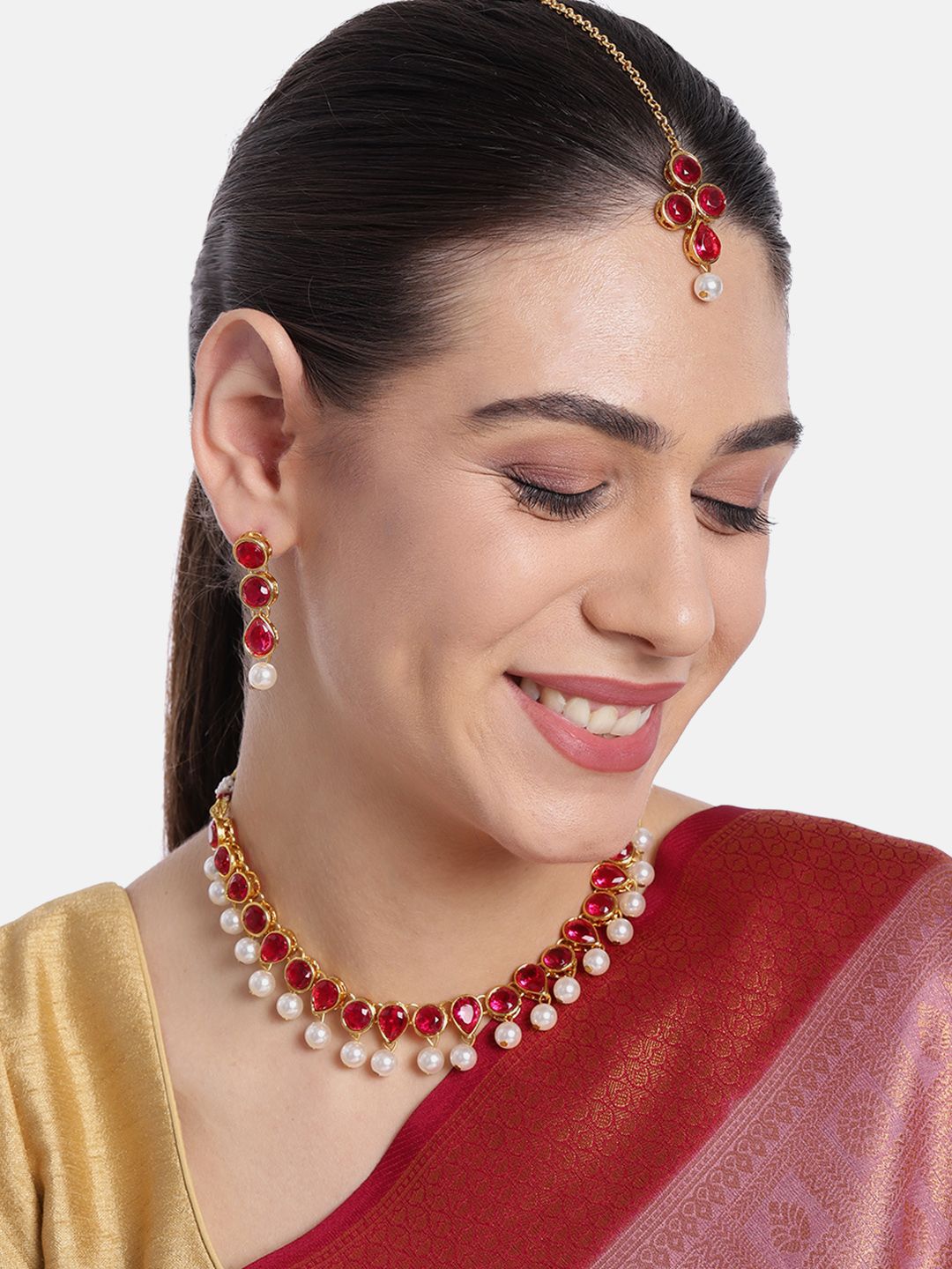 Sukkhi Pink Gold Plated Kundan & Pearl Choker Necklace Set For Women 
