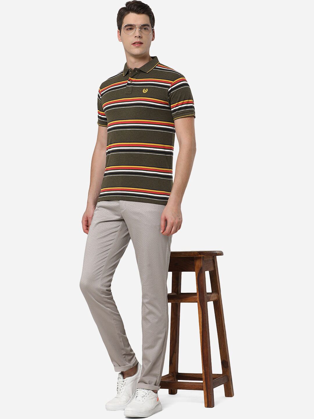 Men's Brown Striped Polo Collar Slim Fit Cotton T-Shirt