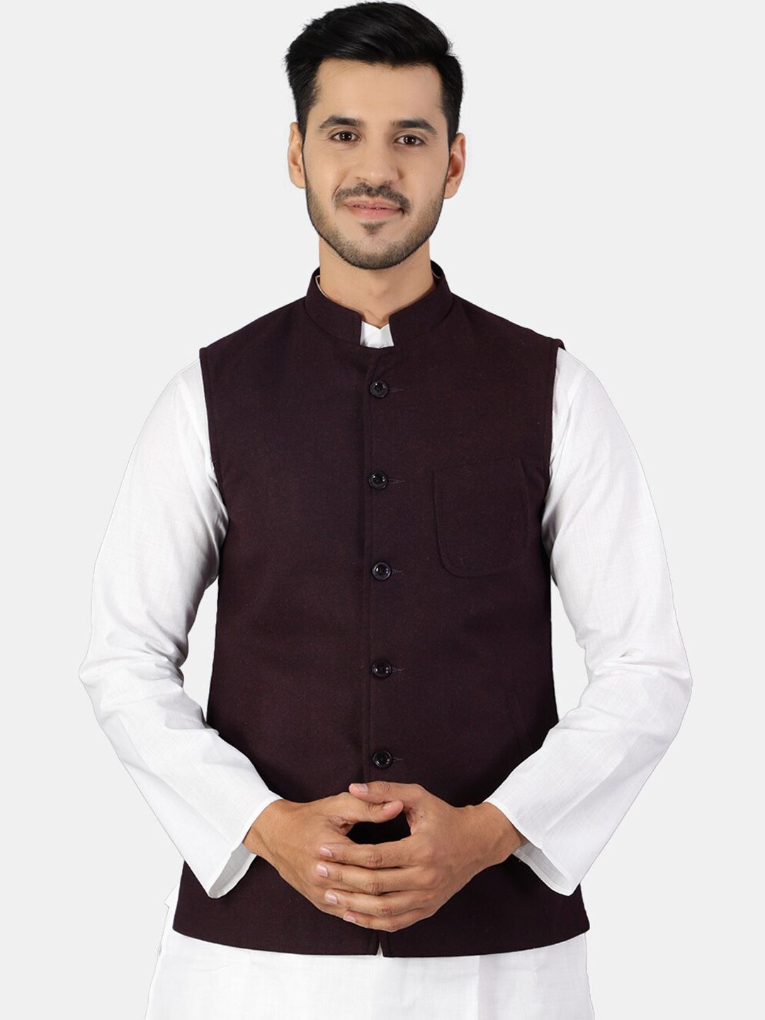 Wintage Men Purple Solid Wool Tweed Nehru Jackets-image-3