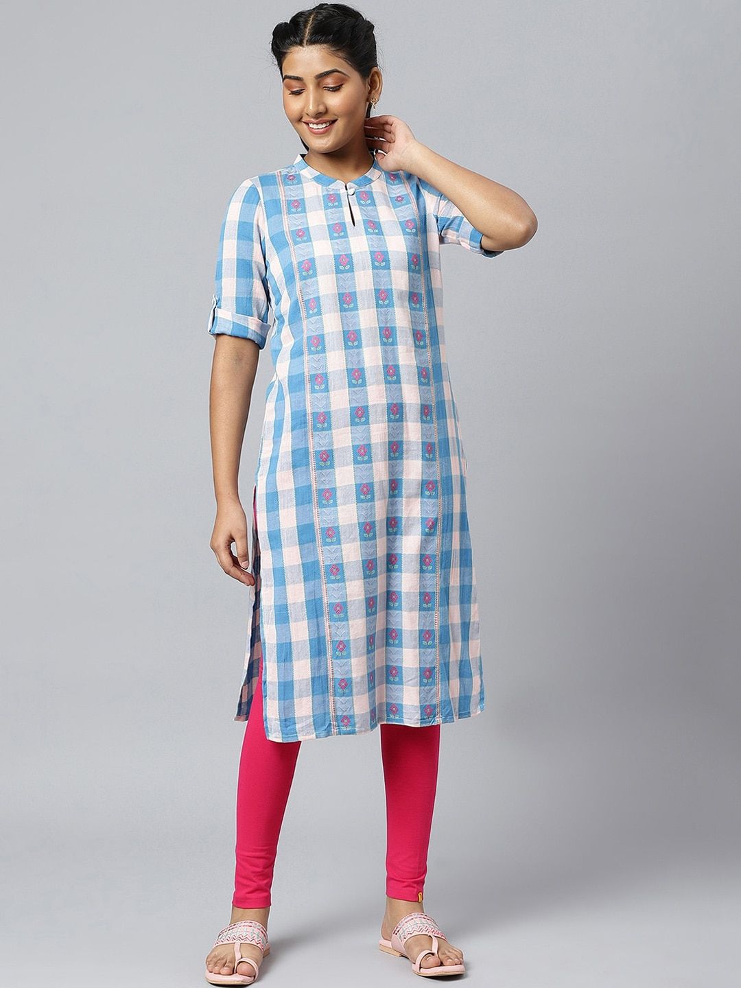 AURELIA Women Blue & White Checked Keyhole Neck Kurta-picture-20