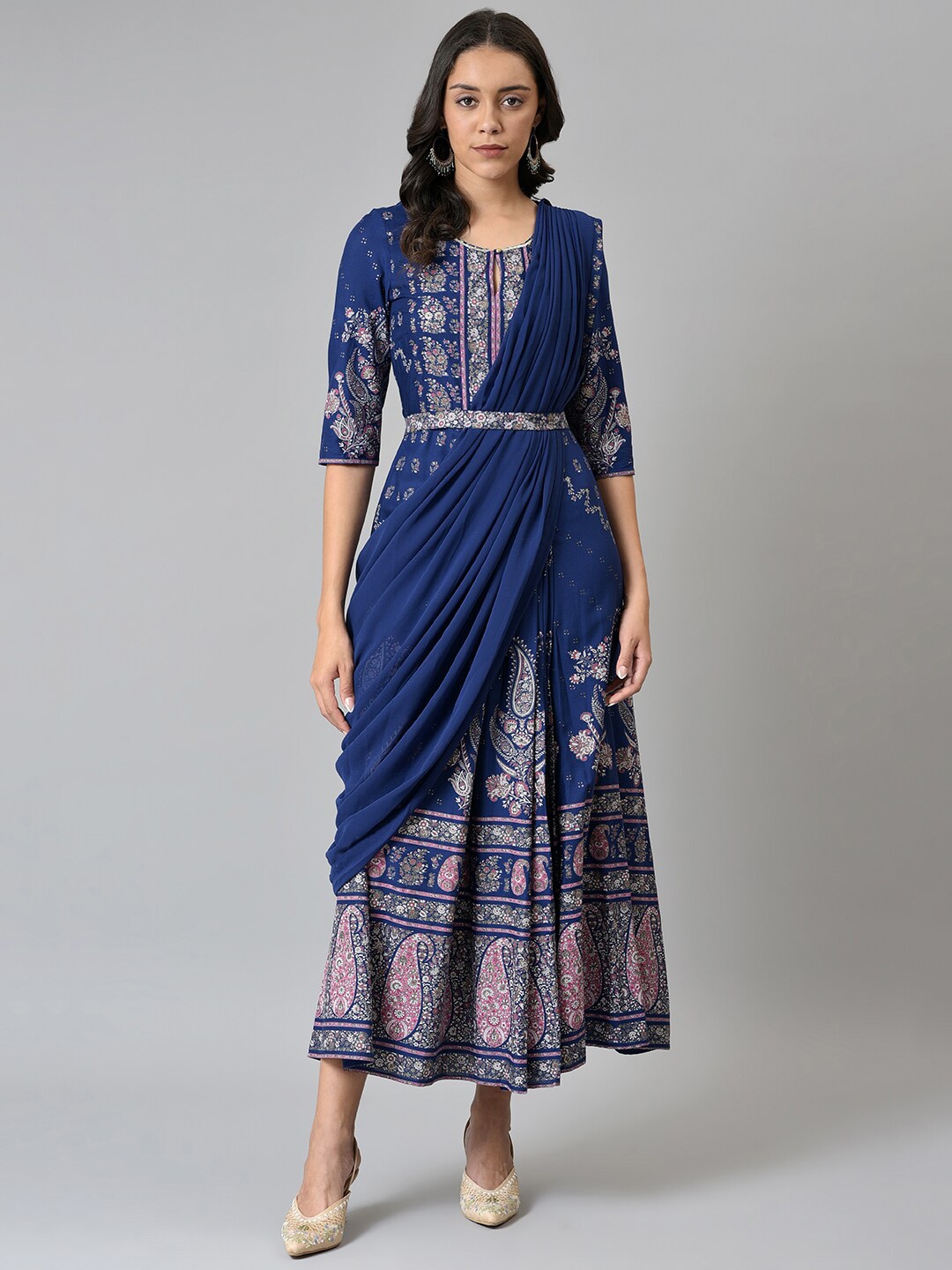 W Blue & Silver-Toned Ethnic Motifs Chiffon Ethnic Maxi Dress