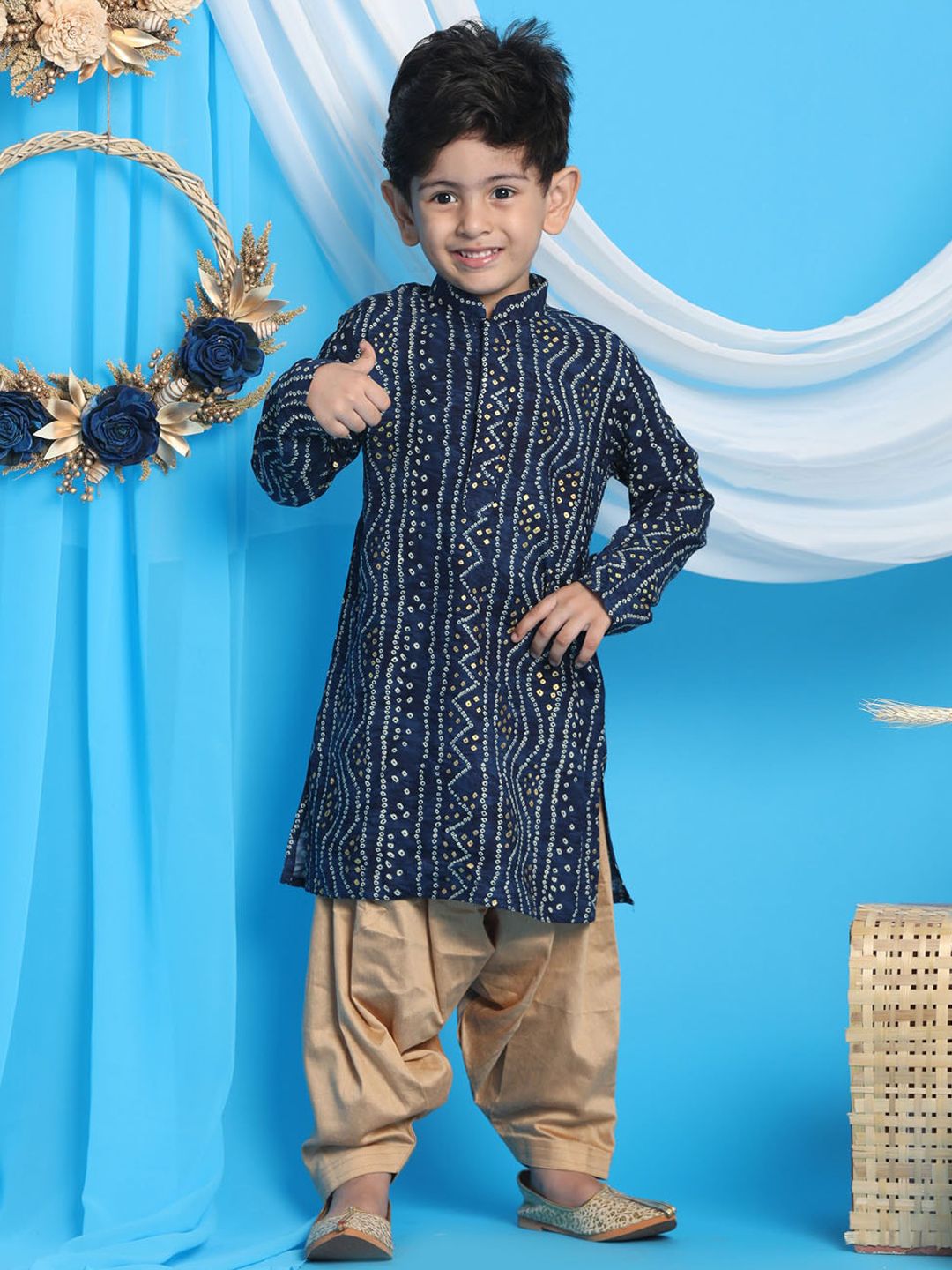 VASTRAMAY Boys Blue Bandhani Printed Kurta with Dhoti Pants