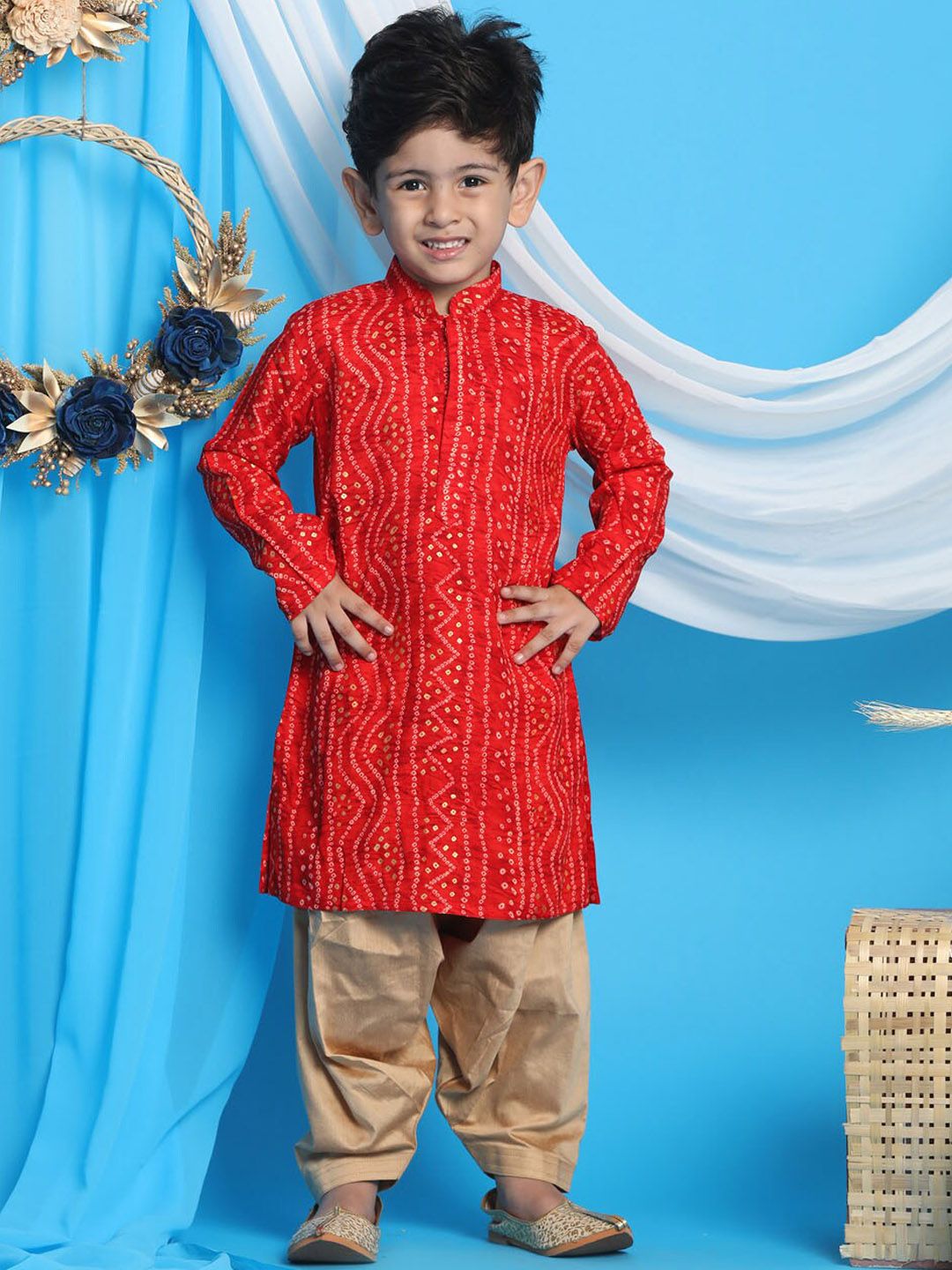 VASTRAMAY Boys Red Bandhani Printed Kurta with Dhoti Pants