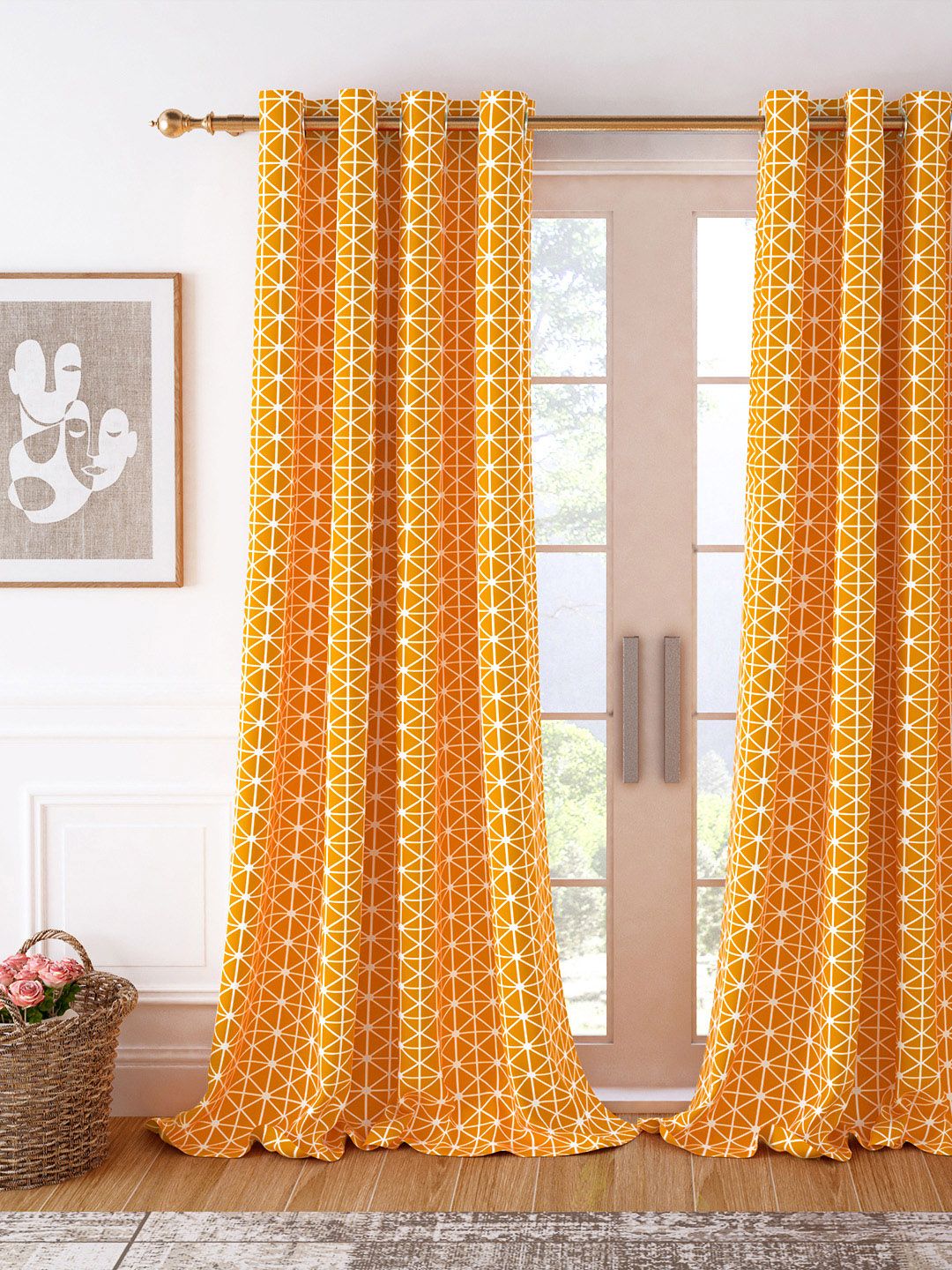 Story@home Orange & White Geometric Room Darkening Long Door Curtain-image-37