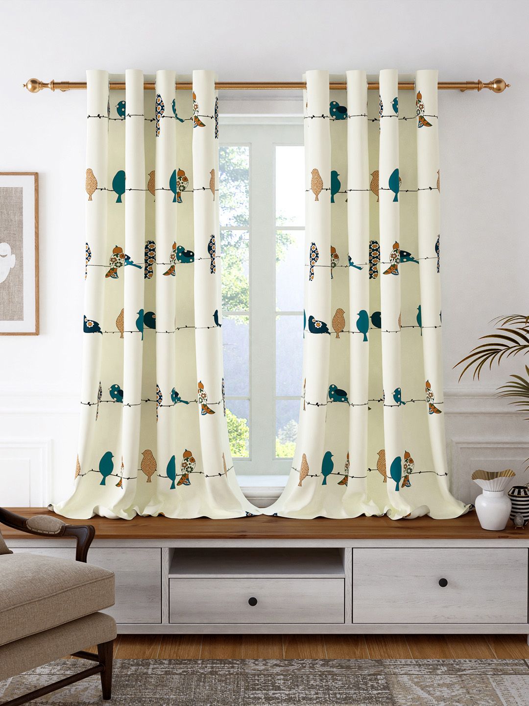 Story@home White & Teal Set of 2 Quirky Cotton Room Darkening Window Curtain
