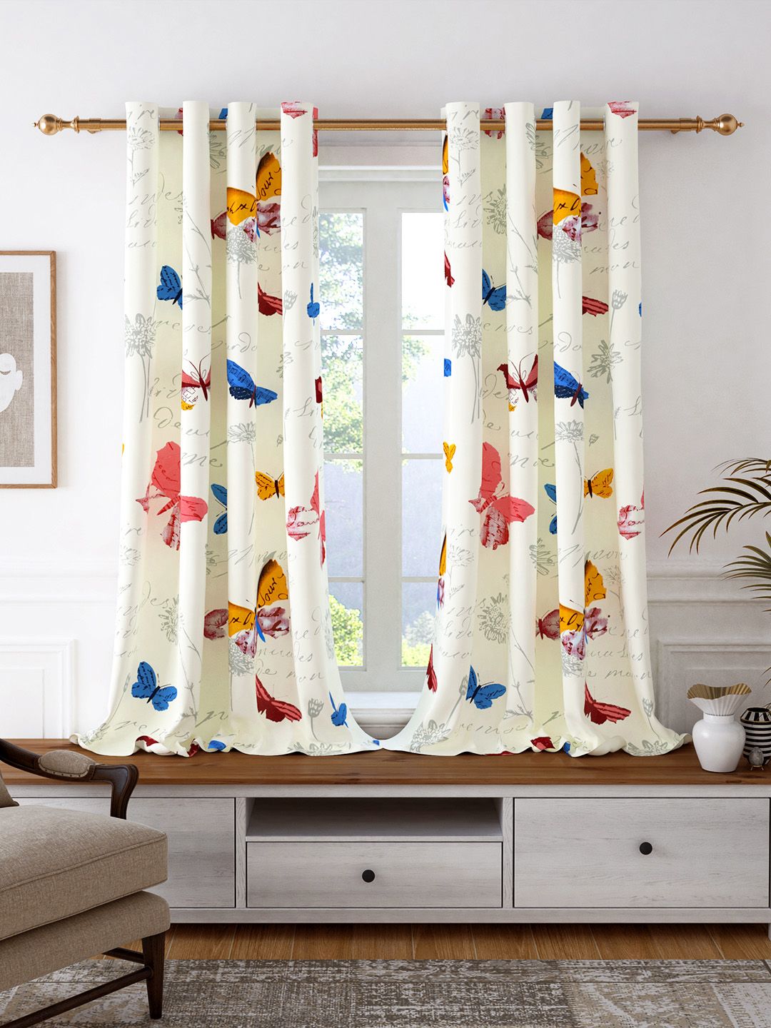Story@home White & Blue Set of 2 Floral Room Darkening Window Curtain-image-20