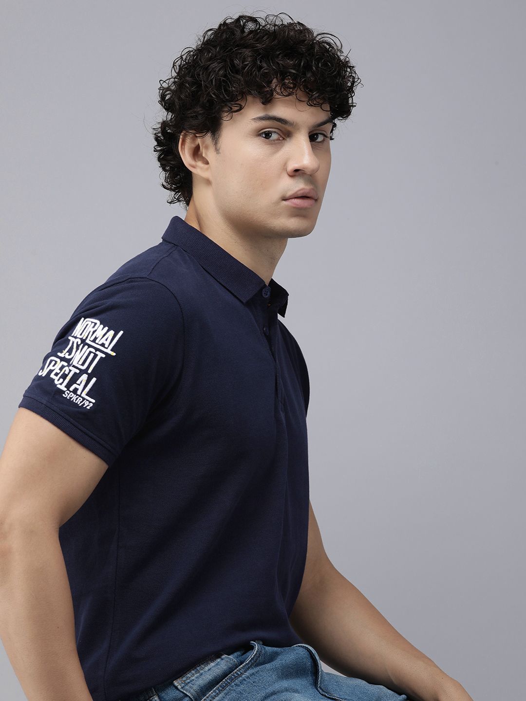 SPYKAR Men Polo Collar Indigo Pure Cotton Slim Fit T-shirt With Minimal Embroidered Detail