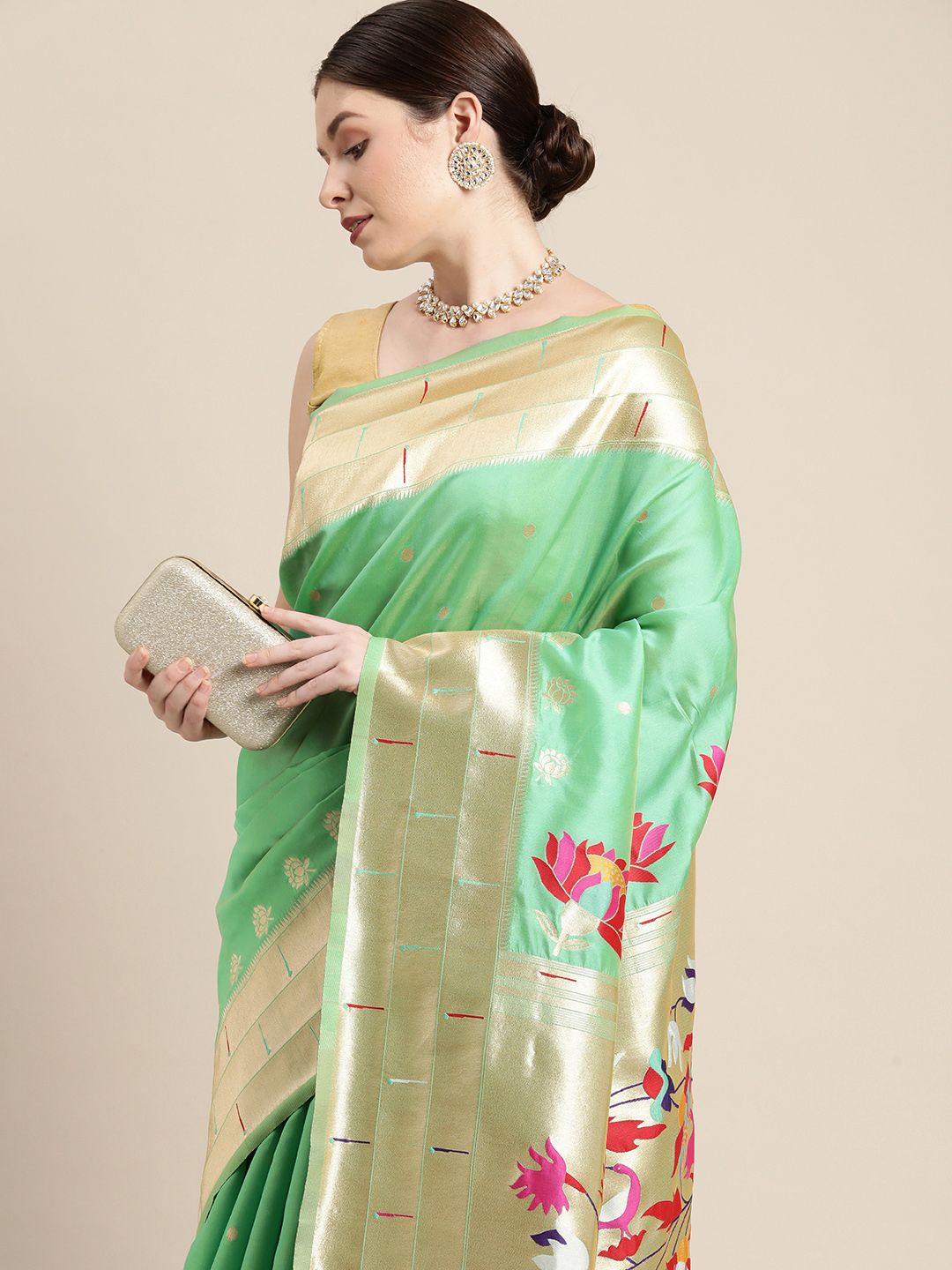 Generic Women's Silk Blend Paithani Weaving Saree With Unstitched Blouse 5.5Mtr (Green) main image 1