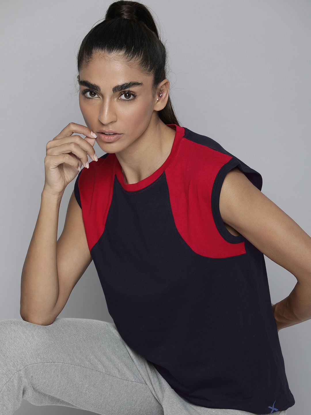 HRX by Hrithik Roshan Women Navy Blue & Red Pure Cotton Colourblocked T-shirt-picture-20
