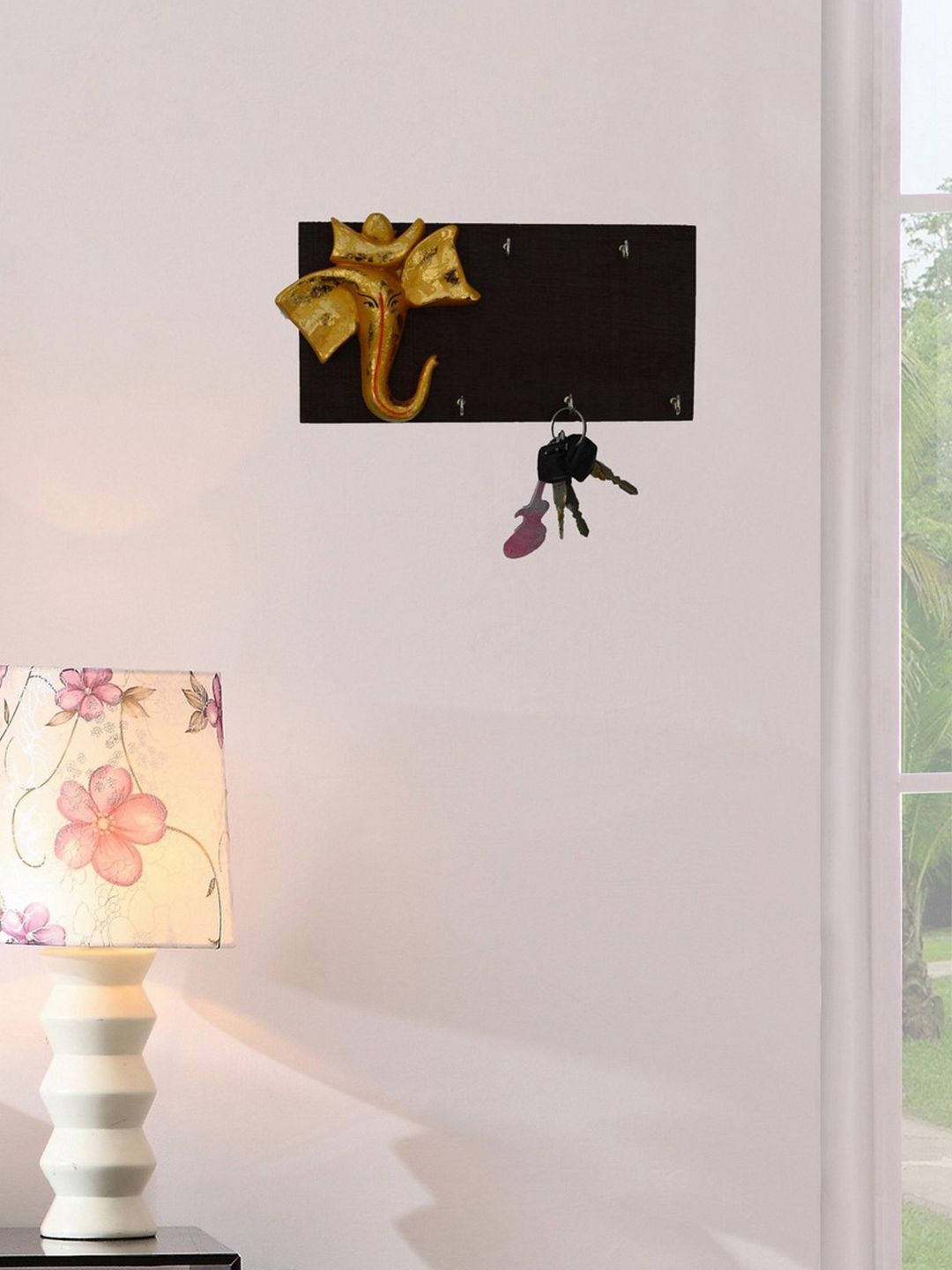 eCraftIndia Gold-Toned & Brown Wooden Handcrafted Lord Ganesha Key Holder