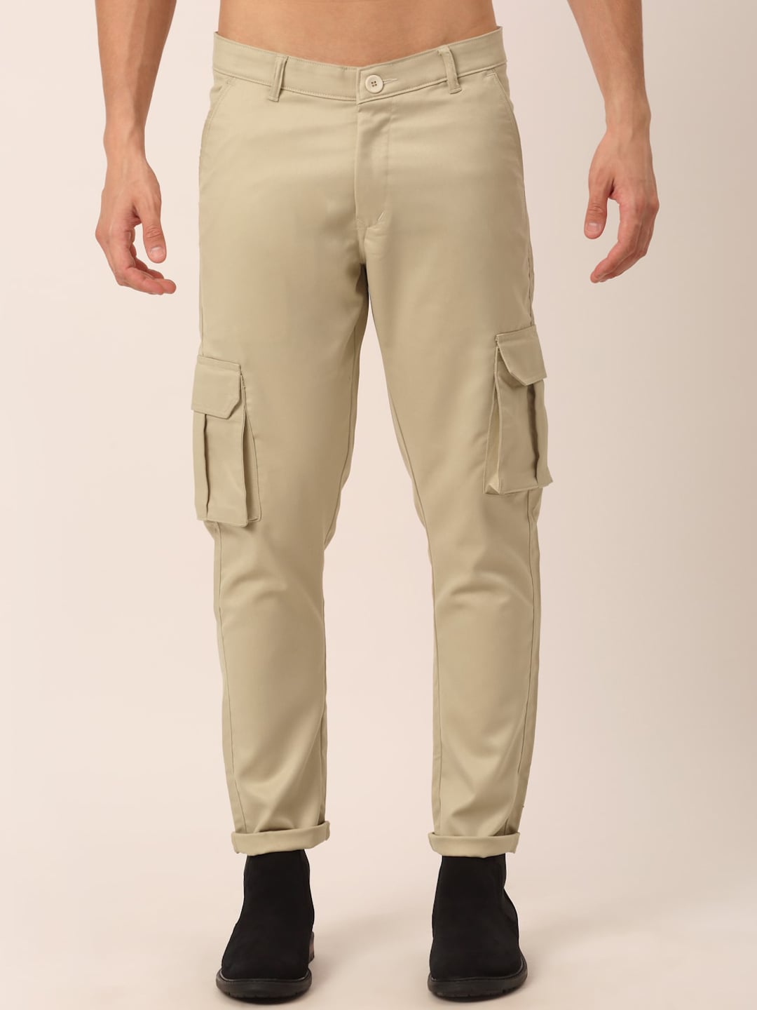 JAINISH Men Cream-Coloured Smart Slim Fit Pure Cotton Cargos Trousers ...