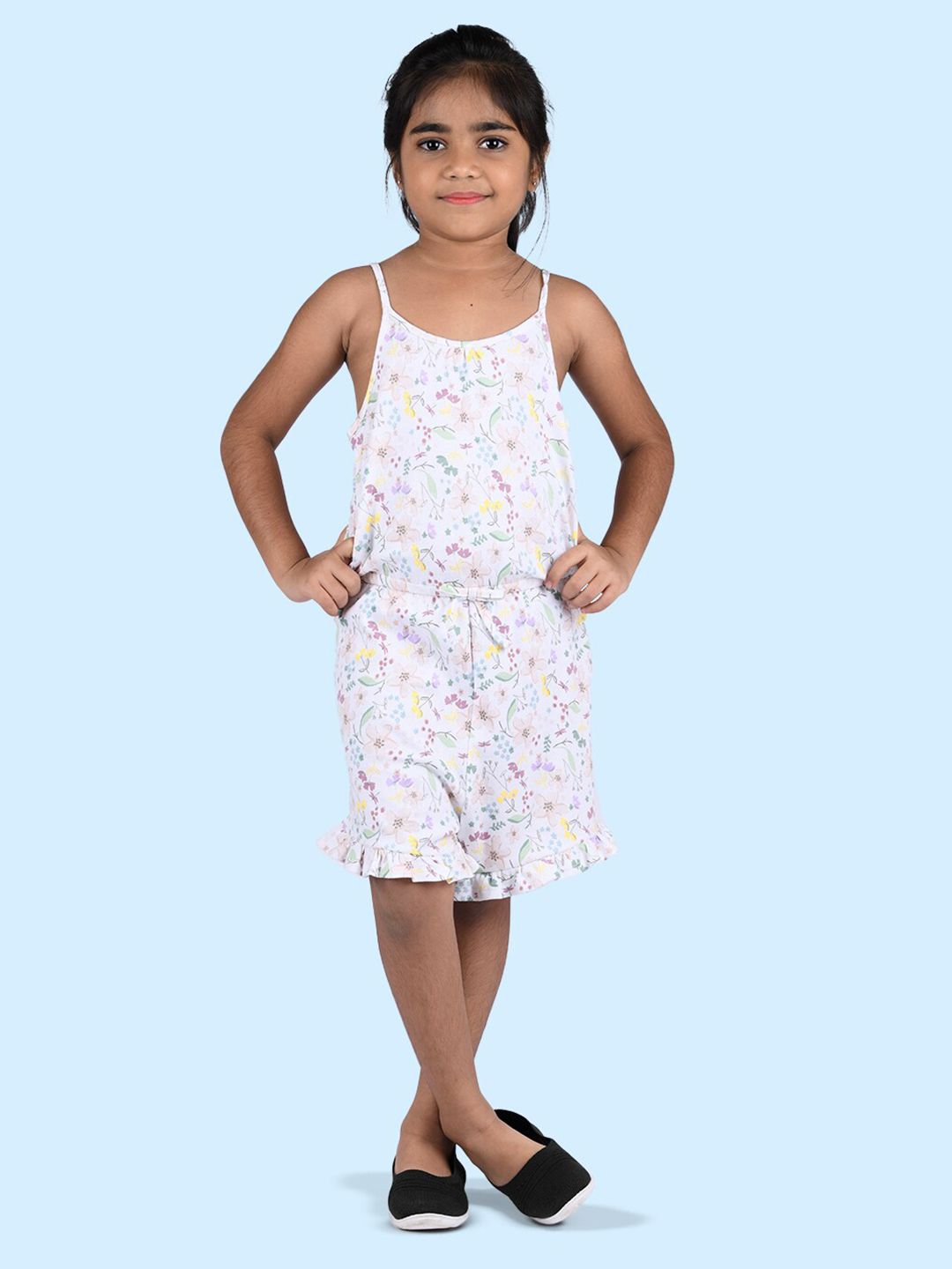 Zalio Girls Pure cotton White & Pink Printed with Ruffles Jumpsuit-picture-50
