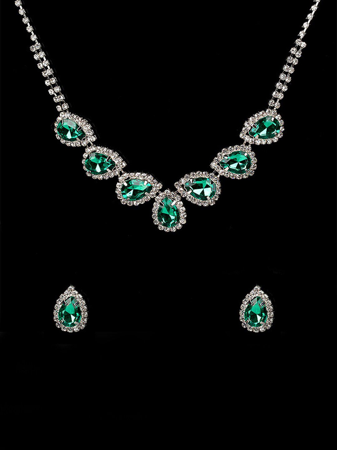 Yellow Chimes Silver-Plated Green Stones-Studded & White Crystal-Studded Jewellery Set-picture-35