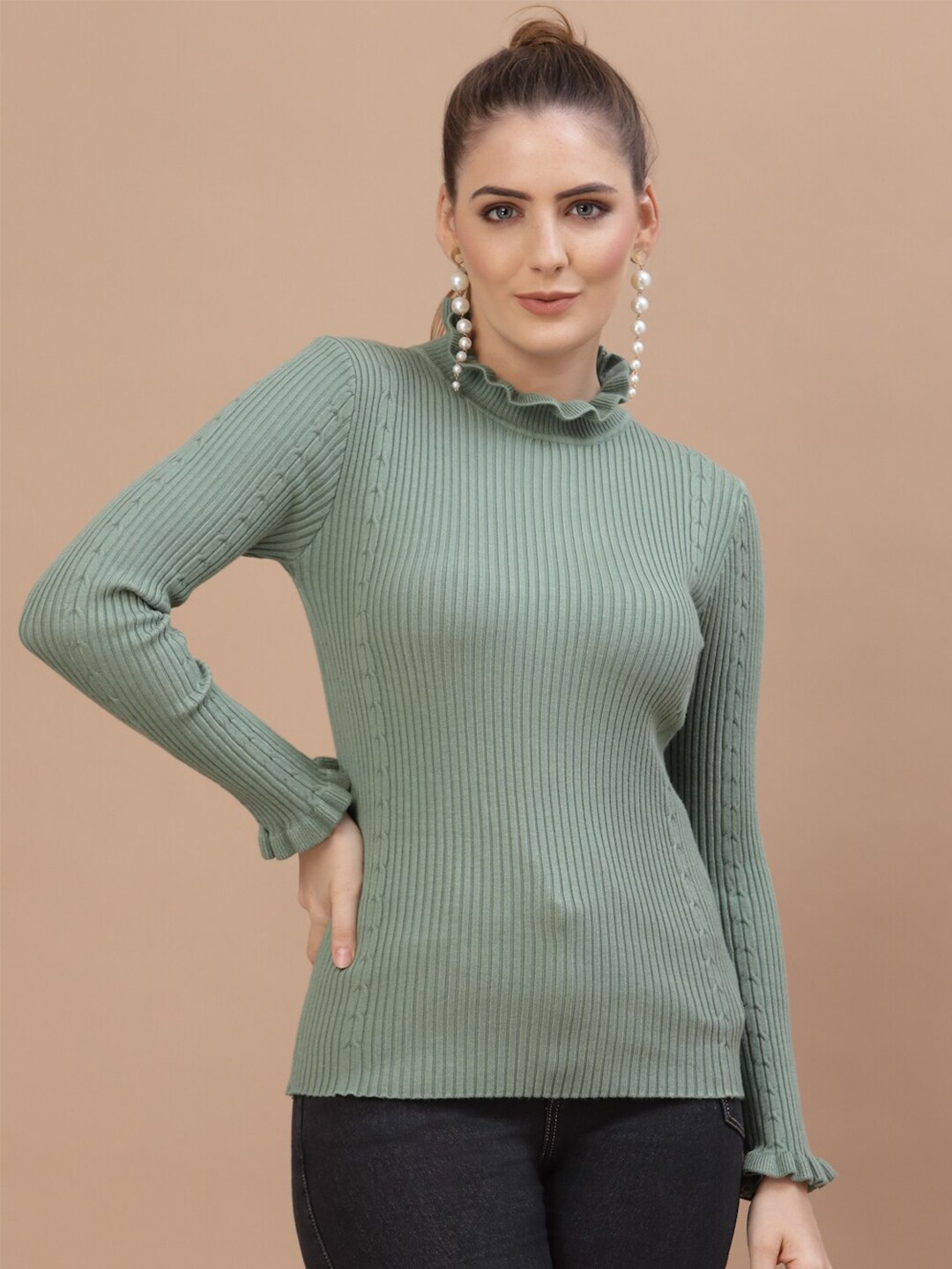 Mafadeny Women Green Striped Nylon Pullover Sweater