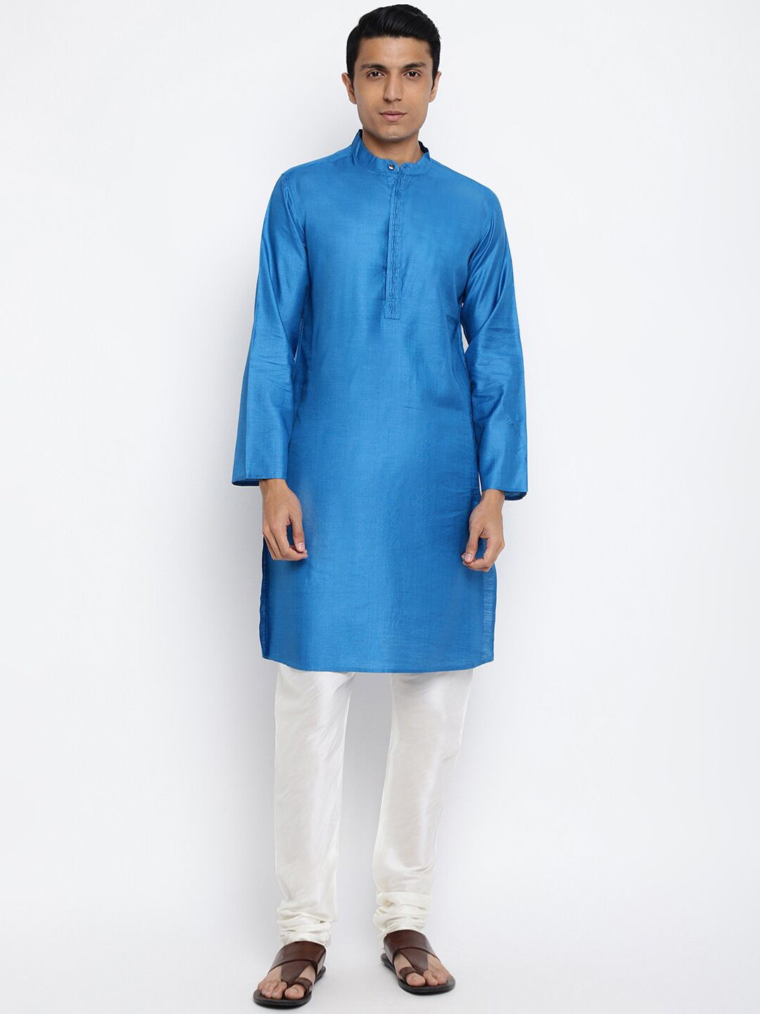 Fabindia Men Blue Silk Solid Kurta-picture-30
