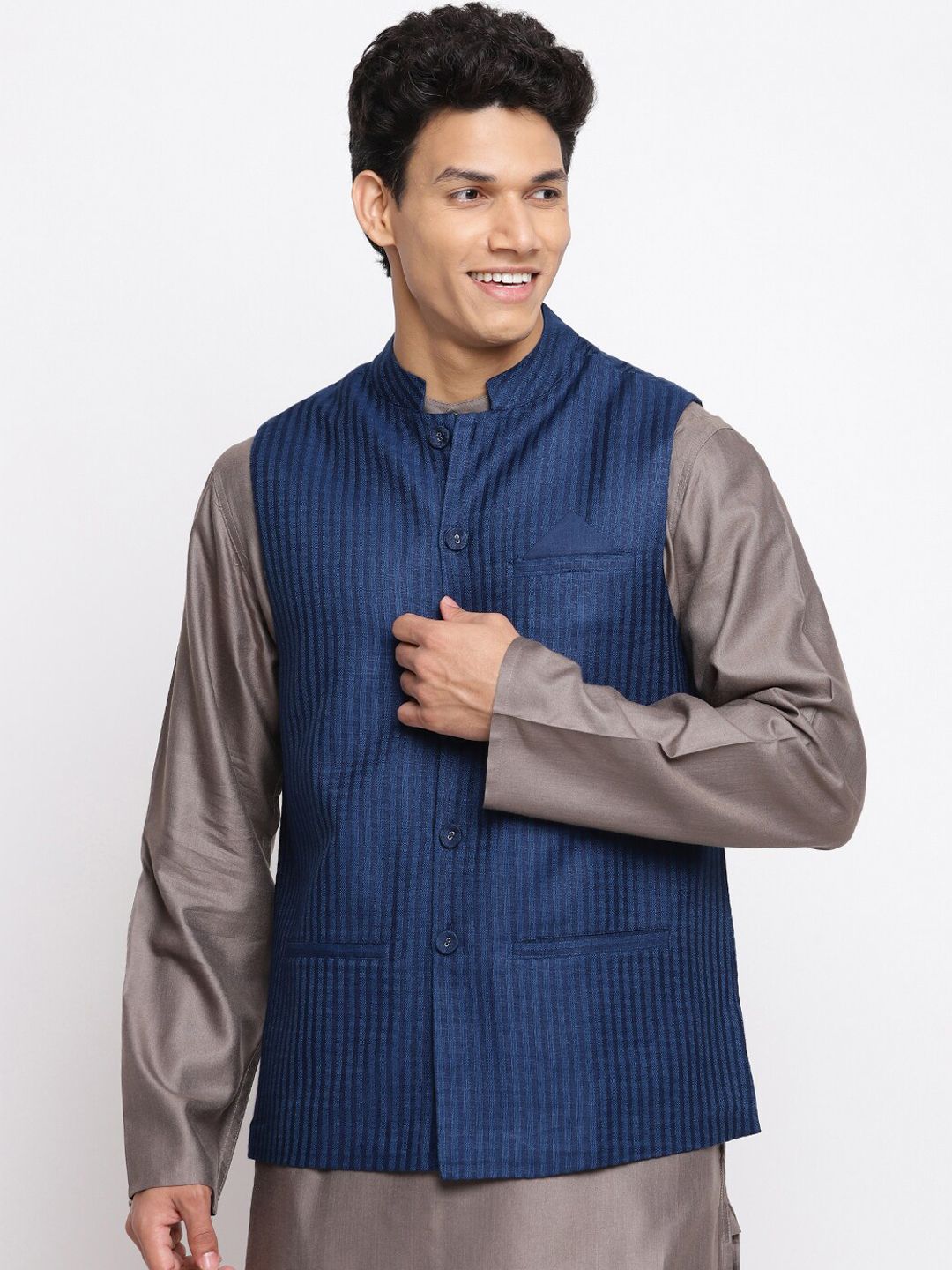 Fabindia Men Blue Woven Design Viscose Rayon Nehru Jacket-picture-28