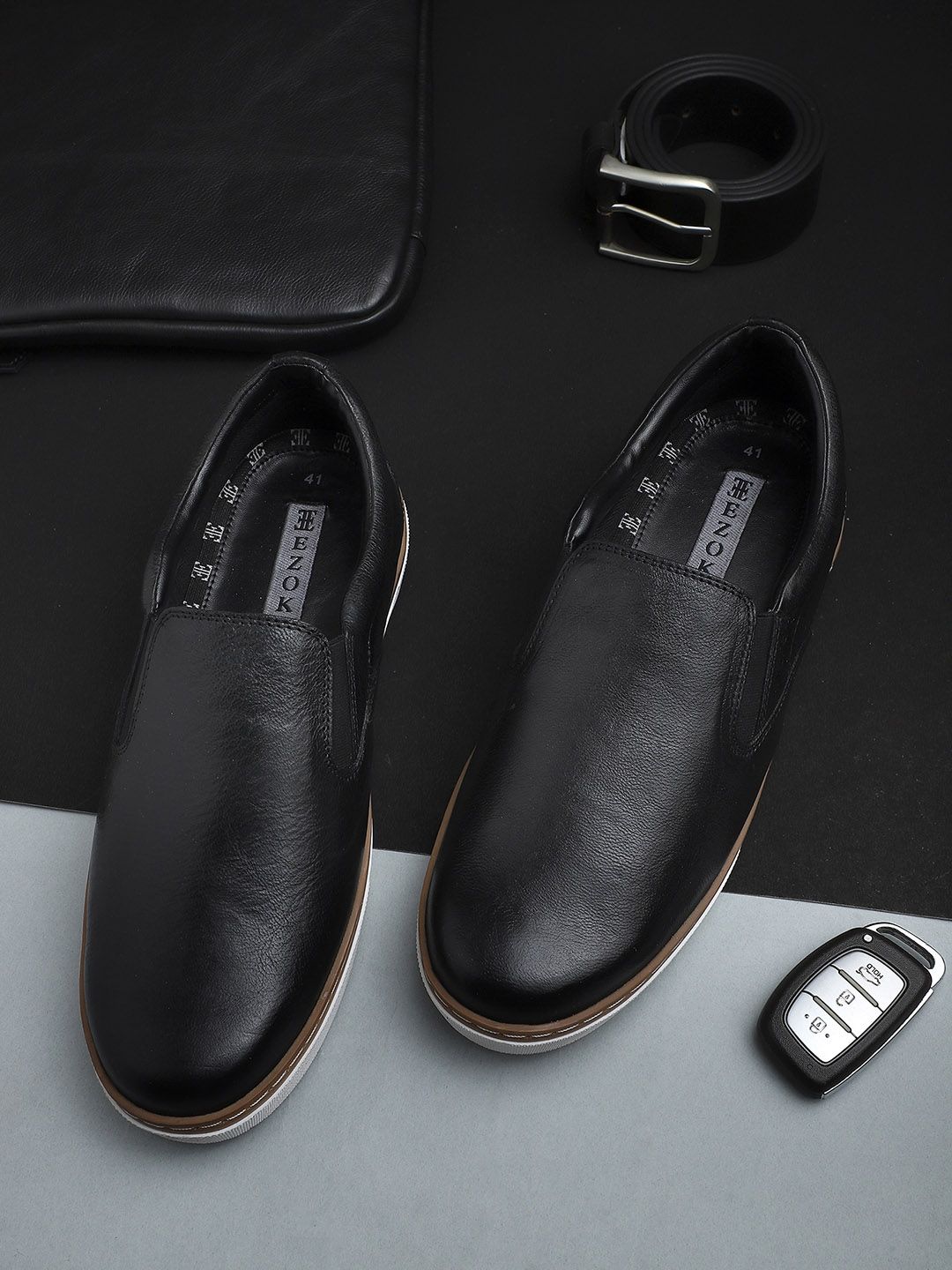 EZOK Men Black Textured Leather Slip-On Sneakers-picture-34