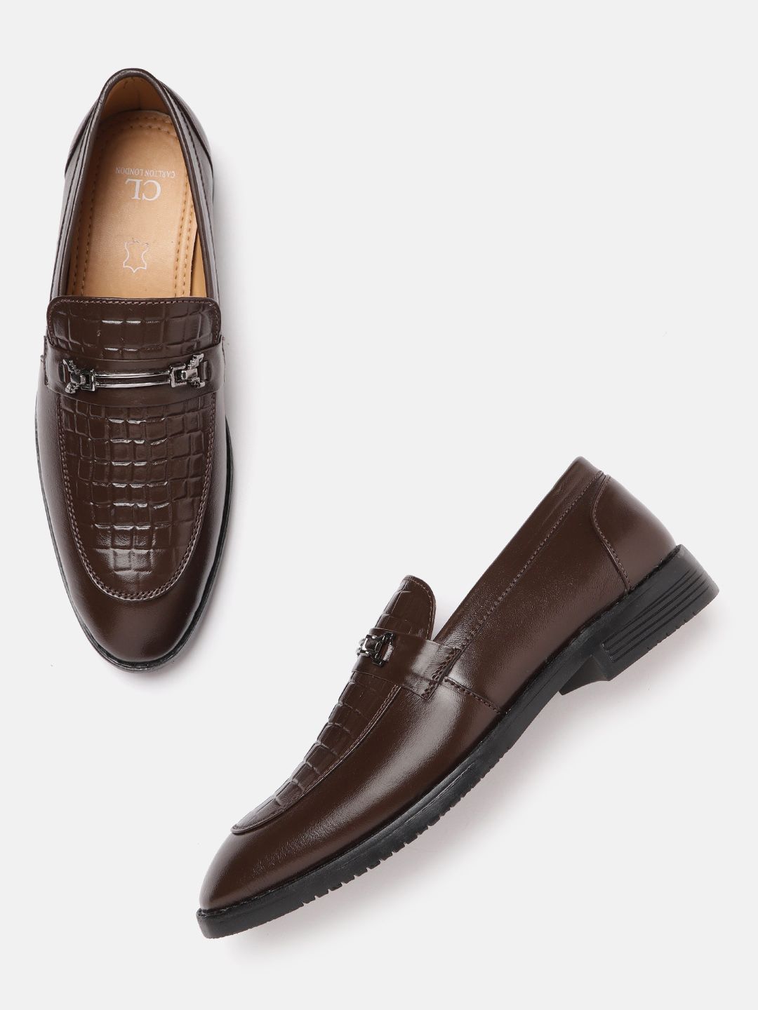 Carlton London Men Coffee Brown Textured Horse Bit Loafers-picture-43