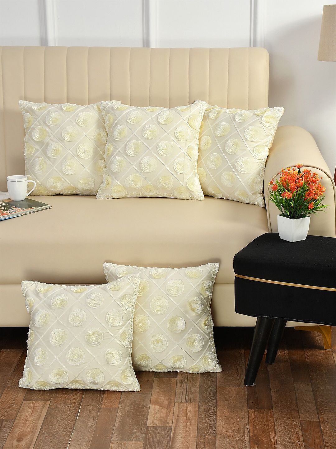 Bajo's Cream-Coloured Set of 5 Embroidered Square Cushion Covers-picture-19