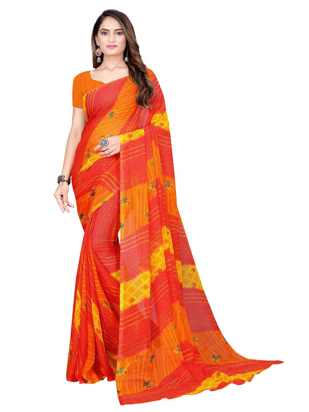KALINI Red & Yellow Bandhani Pure Georgette Bandhani Saree-picture-39