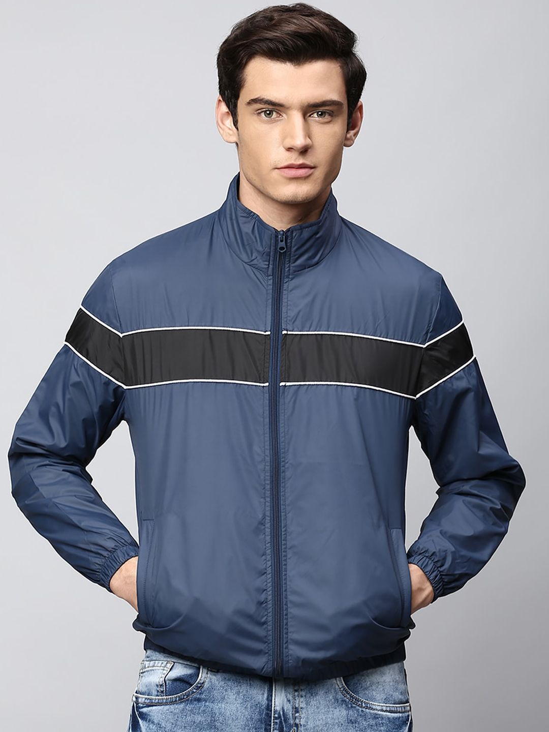 High Star Men Navy Blue Colourblocked Bomber Jacket - Price History