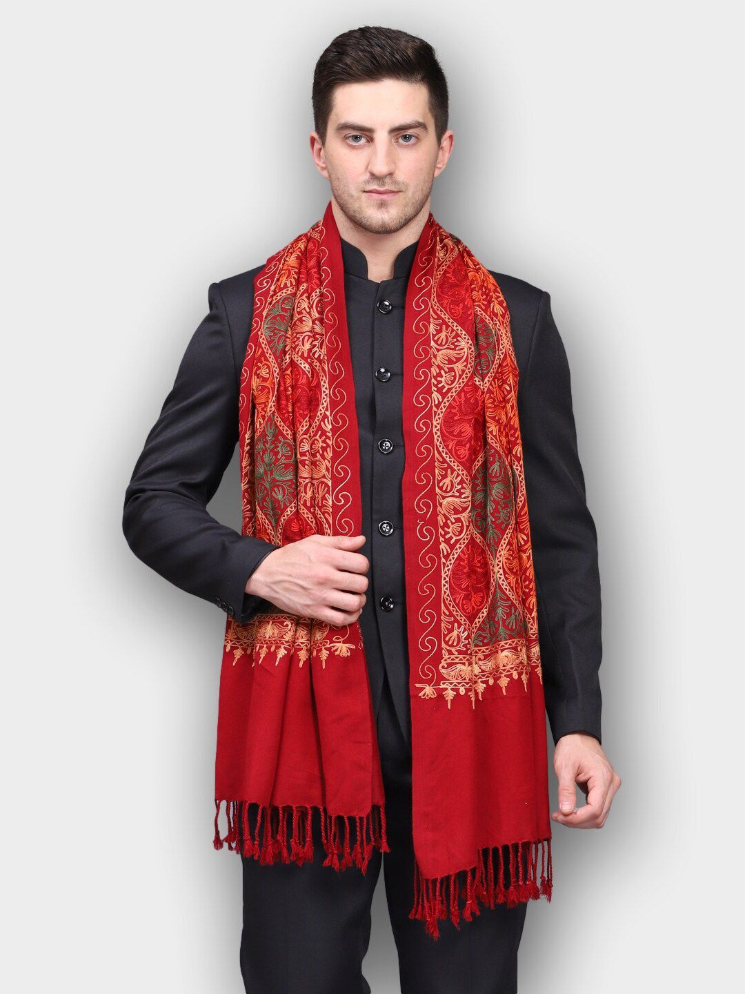 WEAVERS VILLA Men Maroon & Orange Embroidered Stole-image-34