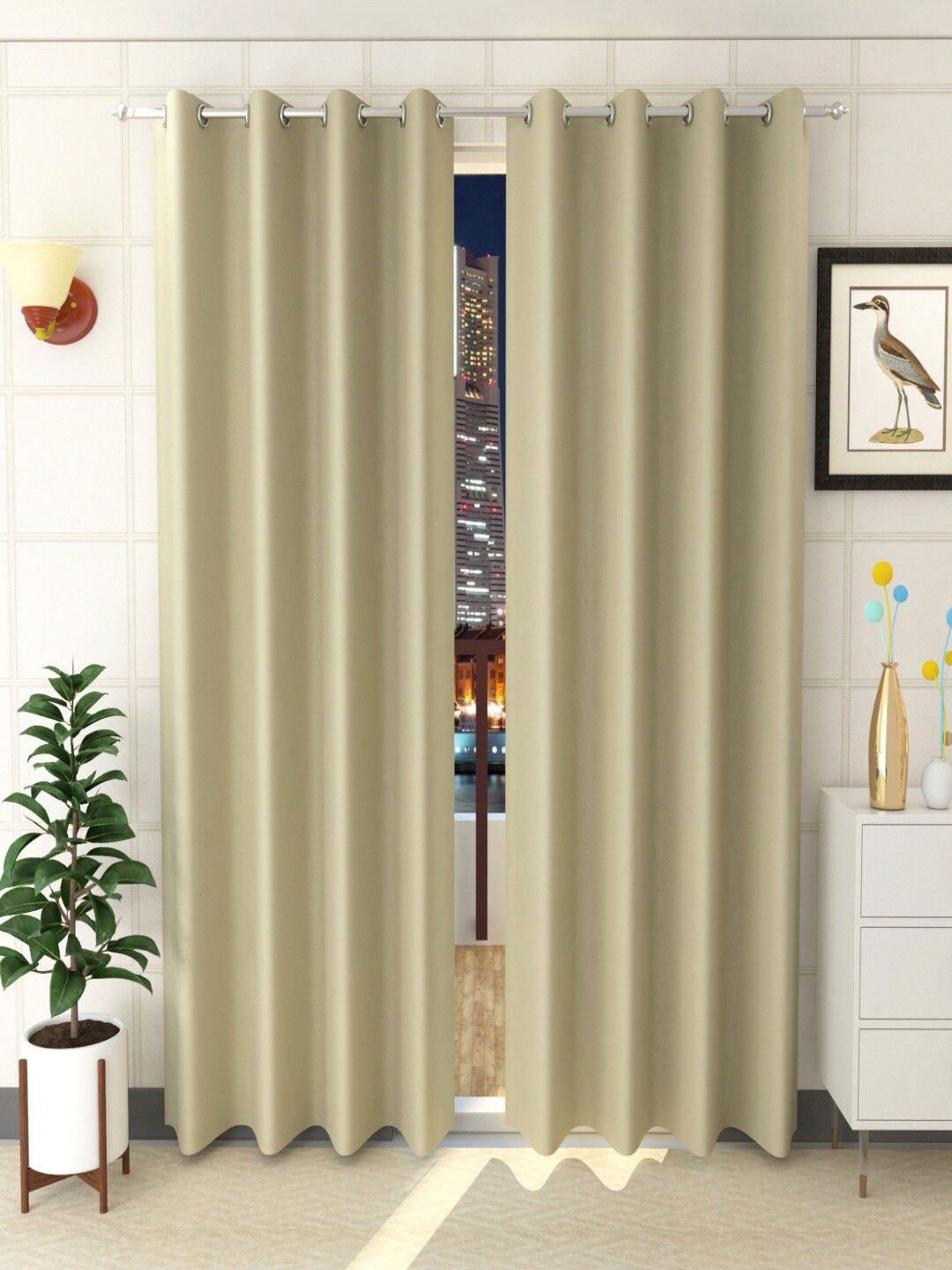 Homefab India Beige Set of 2 Black Out Door Polyester Curtains-image-42