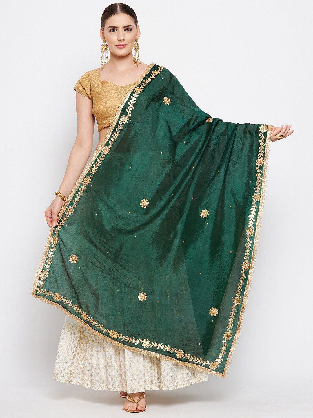 Clora Creation Green & Gold-Toned Embroidered Dupatta with Beads and Stones-picture-20