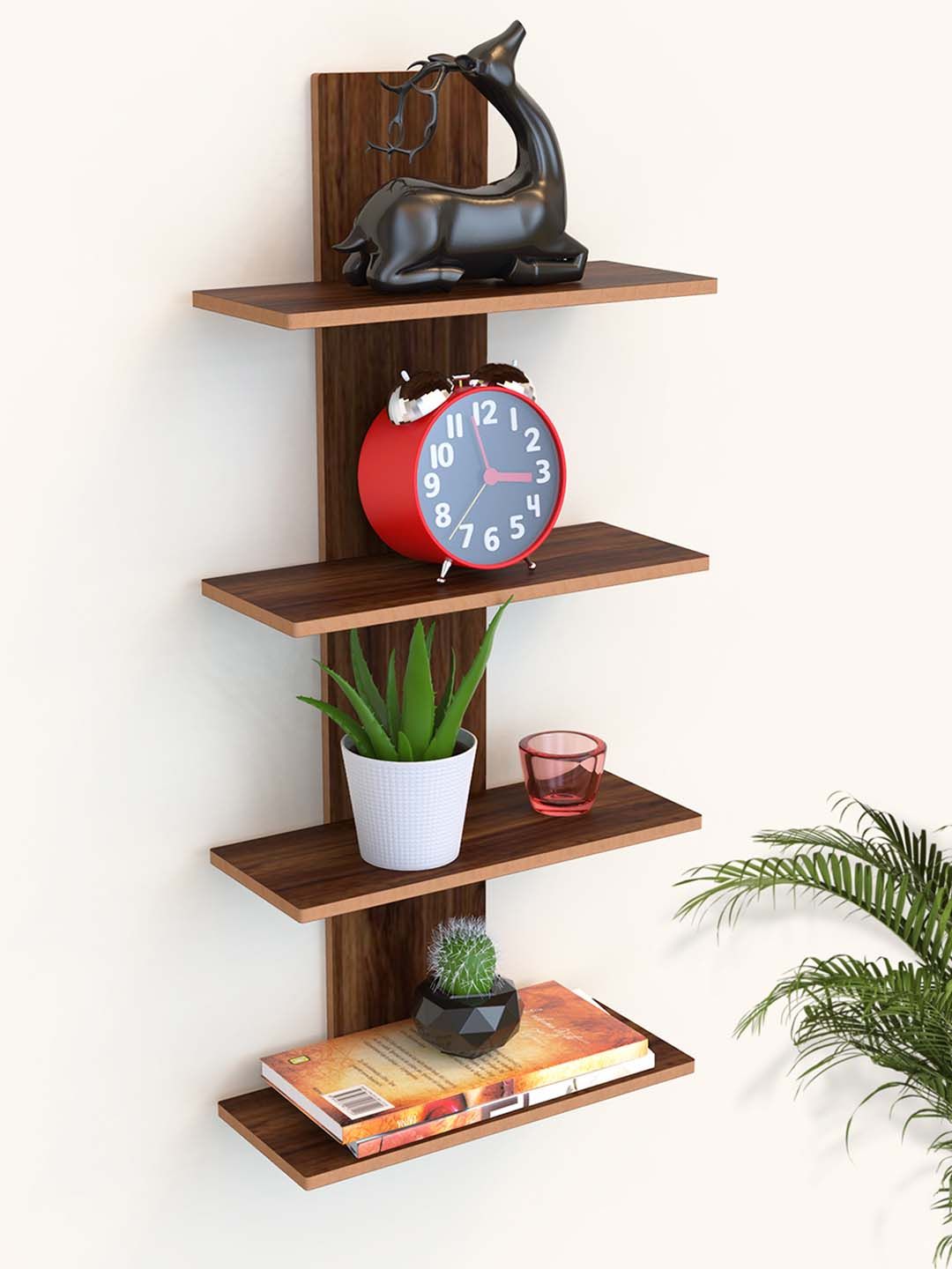 Home Sparkle Brown Solid 4 Tier Wall Mounted Utility Column Spine Floating Shelf
