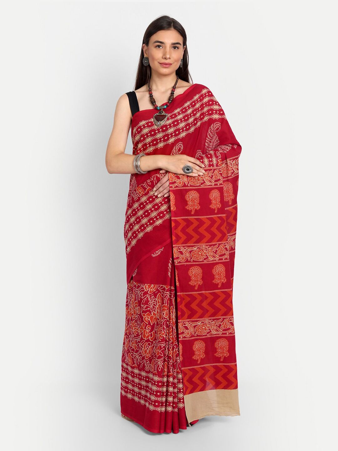 BUTA BUTI Red & Orange Ethnic Motifs Pure Cotton Saree