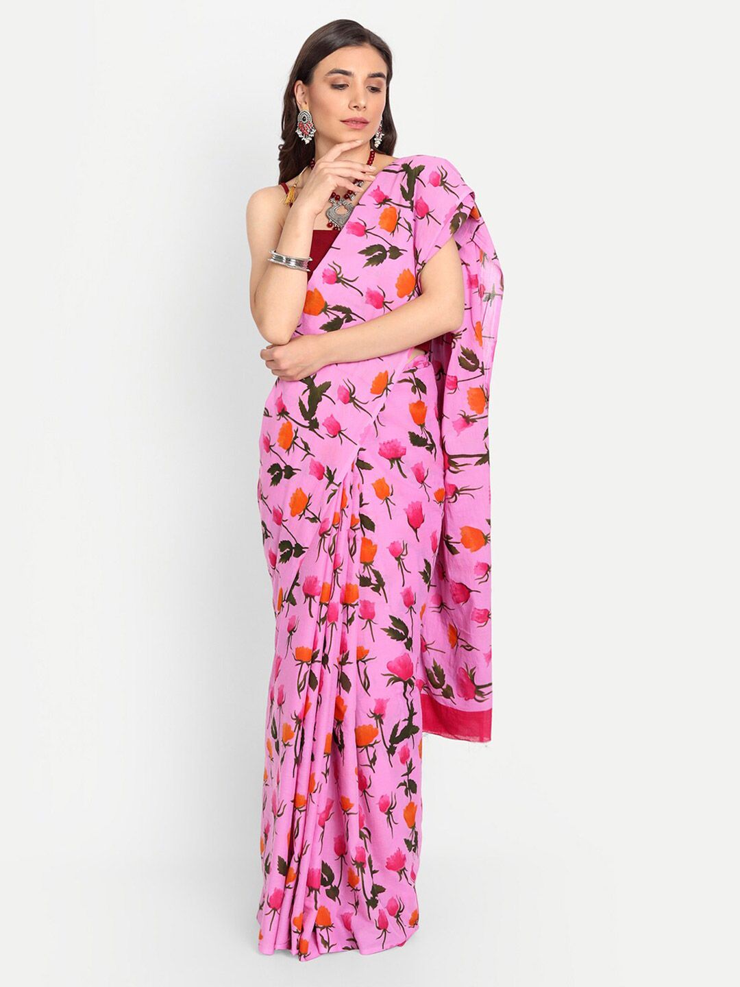 BUTA BUTI Pink & Orange Floral Pure Cotton Saree