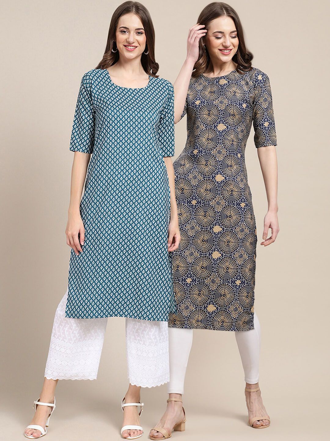 7threads KALINI Women Pack Of 2 Blue & Cream-Coloured Ethnic Motifs Printed Crepe Kurta-picture-15