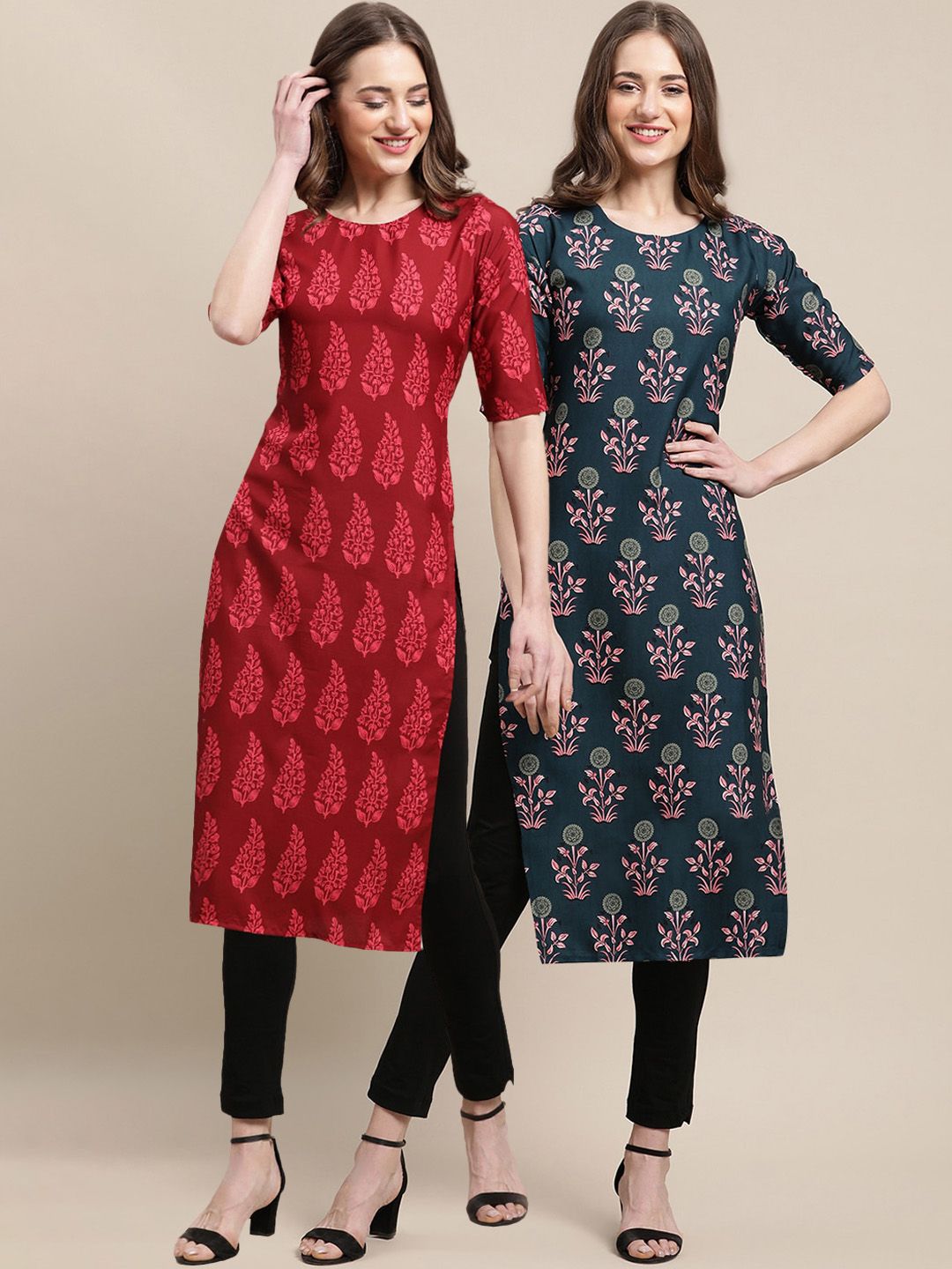 7threads KALINI Women Maroon & Teal Pack Of 2 Ethnic Motifs Printed Crepe Kurta-picture-35