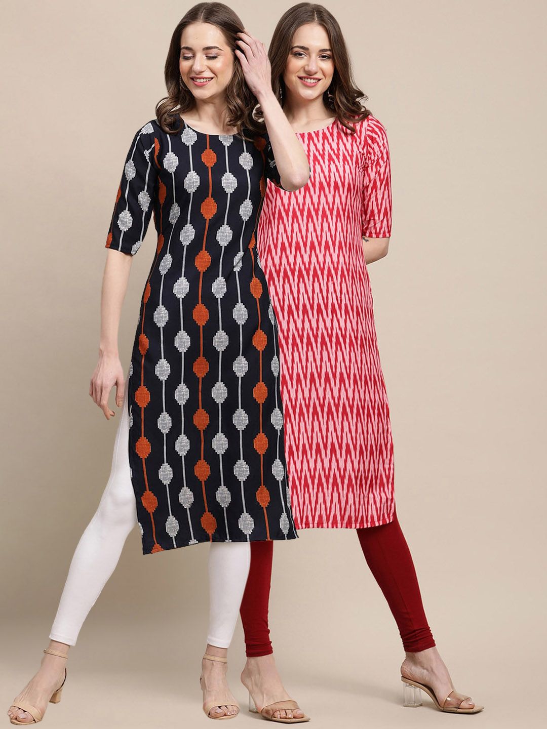 7threads KALINI Women Pack Of 2 Black & Pink Printed Crepe Straight Kurta-picture-31