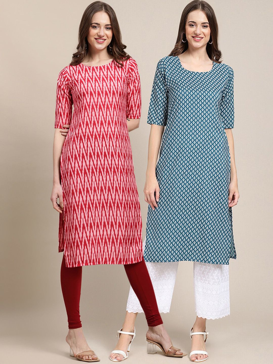 7threads KALINI Women Pack Of 2 Pink & Teal Printed Crepe Straight Kurta-picture-30