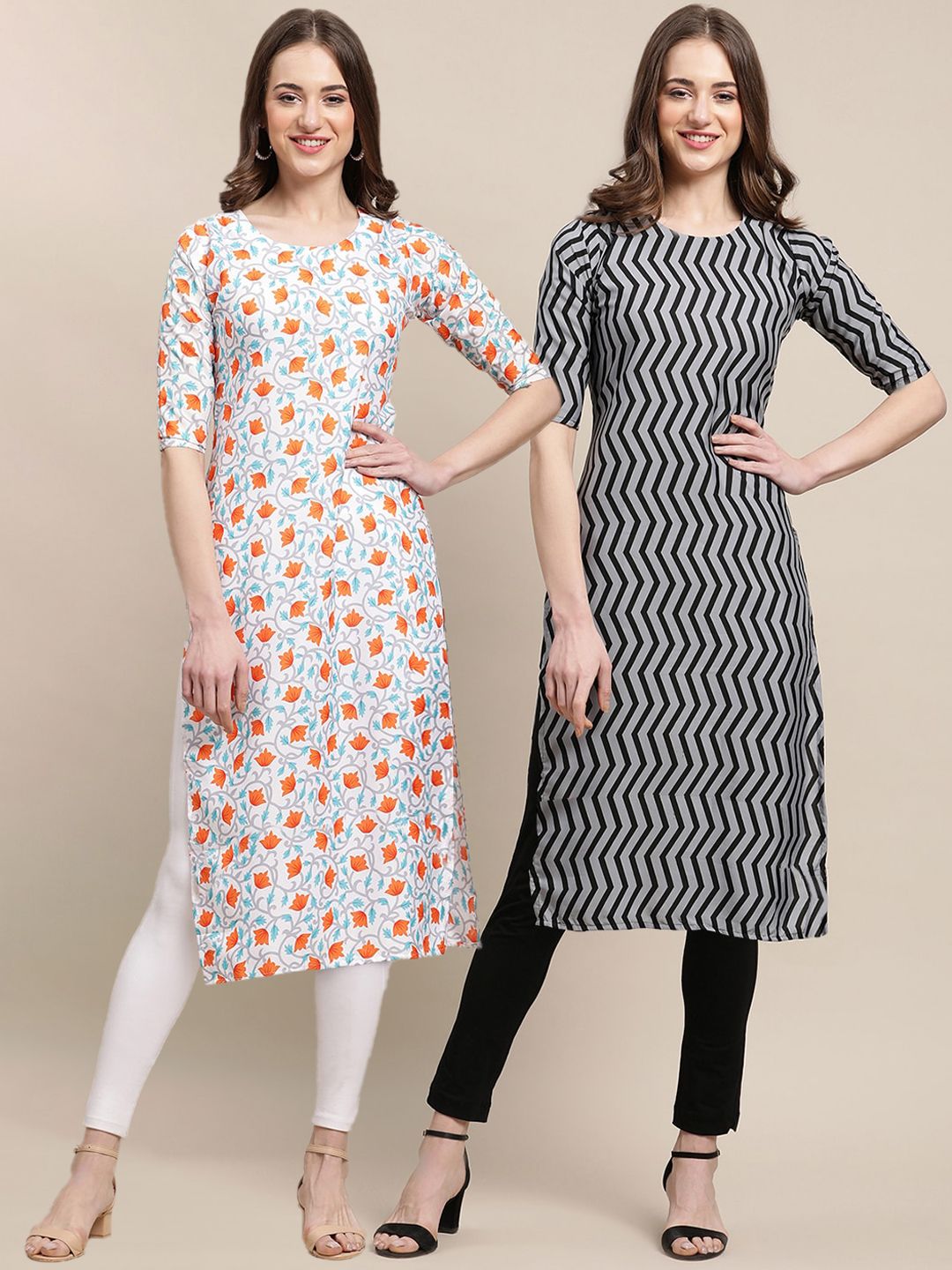 7threads KALINI Women Pack Of 2 White & Grey Geometric Printed Crepe Kurta-picture-14