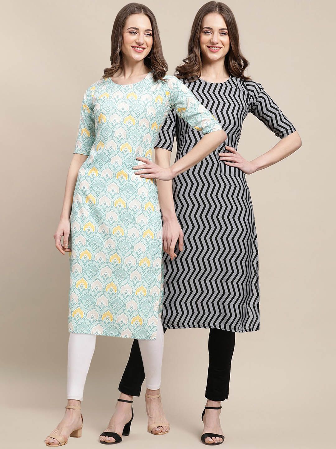 7threads KALINI Women Pack Of 2 Blue & Grey Geometric Printed Crepe Kurta-picture-23